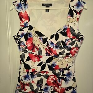 White House Black Market Floral V-Neck Blouse - Red, Black, Blue